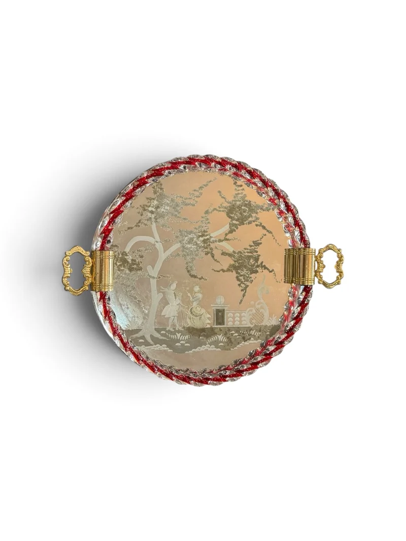 Plateau miroir gravé à bordure en verre torsadé rouge & blanc Murano / Venise (c. 1940–1950)