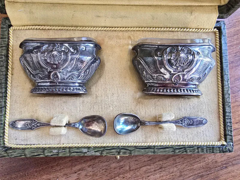 Paire de salerons en argent massif et cristal – écrin Perrusset, Nancy