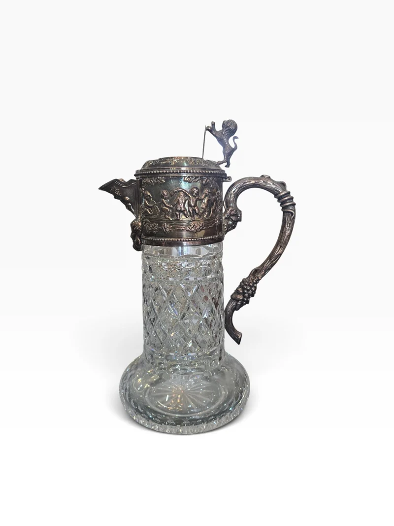 Importante carafe à vin en cristal taillé et argent massif 925/1000, maison Topázio