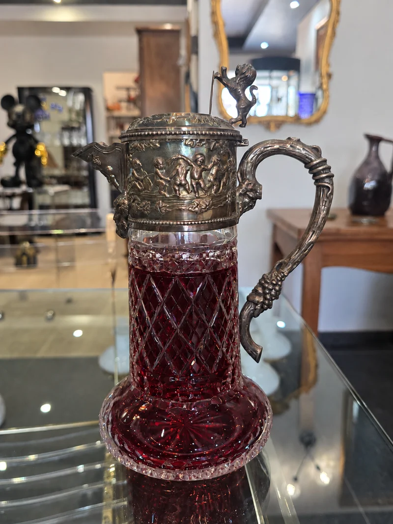Importante carafe à vin en cristal taillé et argent massif 925/1000, maison Topázio