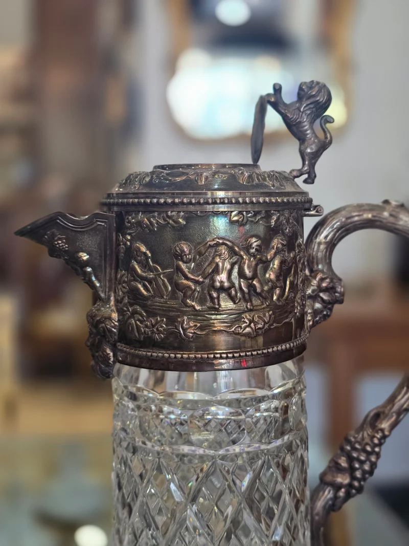 Importante carafe à vin en cristal taillé et argent massif 925/1000, maison Topázio