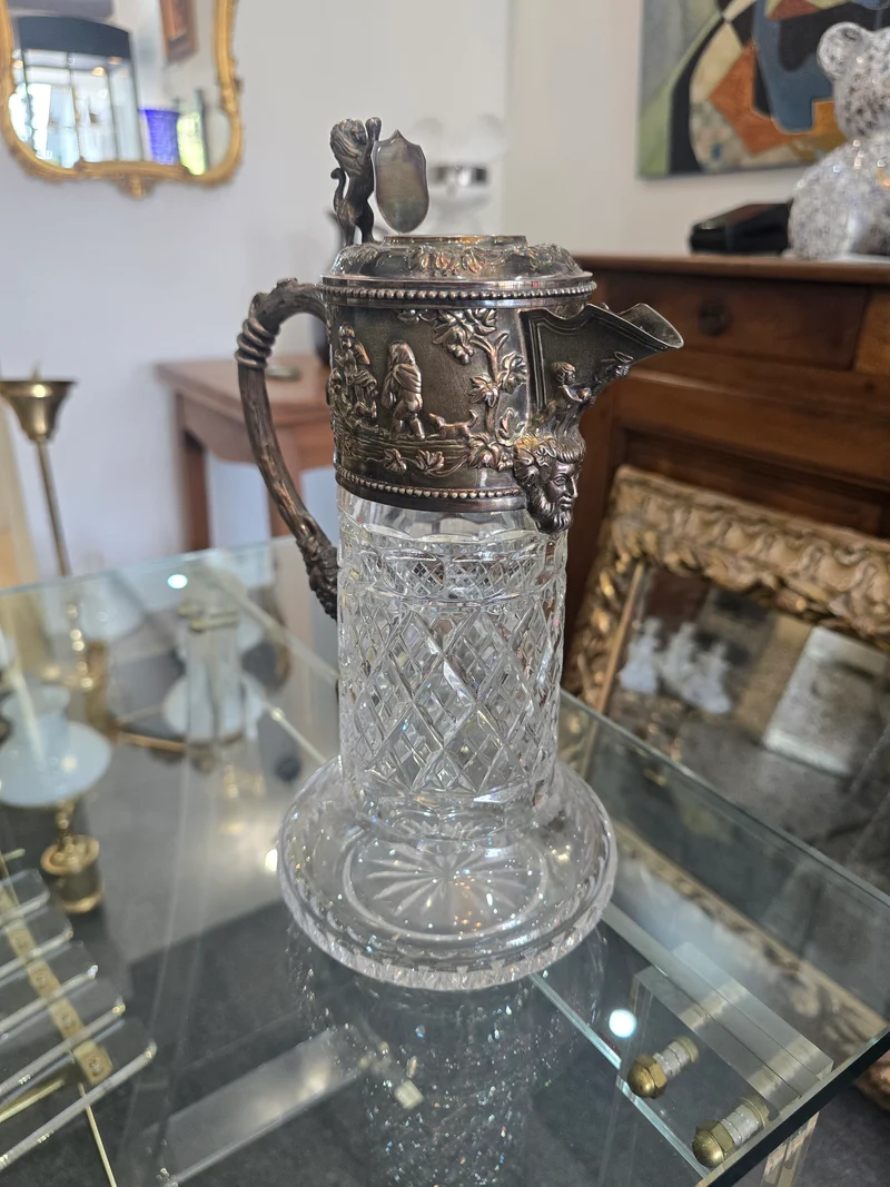 Importante carafe à vin en cristal taillé et argent massif 925/1000, maison Topázio