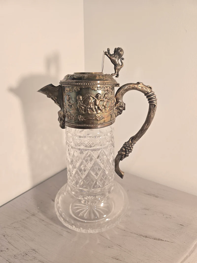 Importante carafe à vin en cristal taillé et argent massif 925/1000, maison Topázio