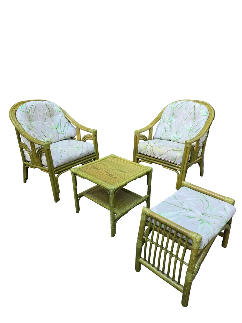Salon en rotin haut de gamme – 2 fauteuils, pouf & table basse