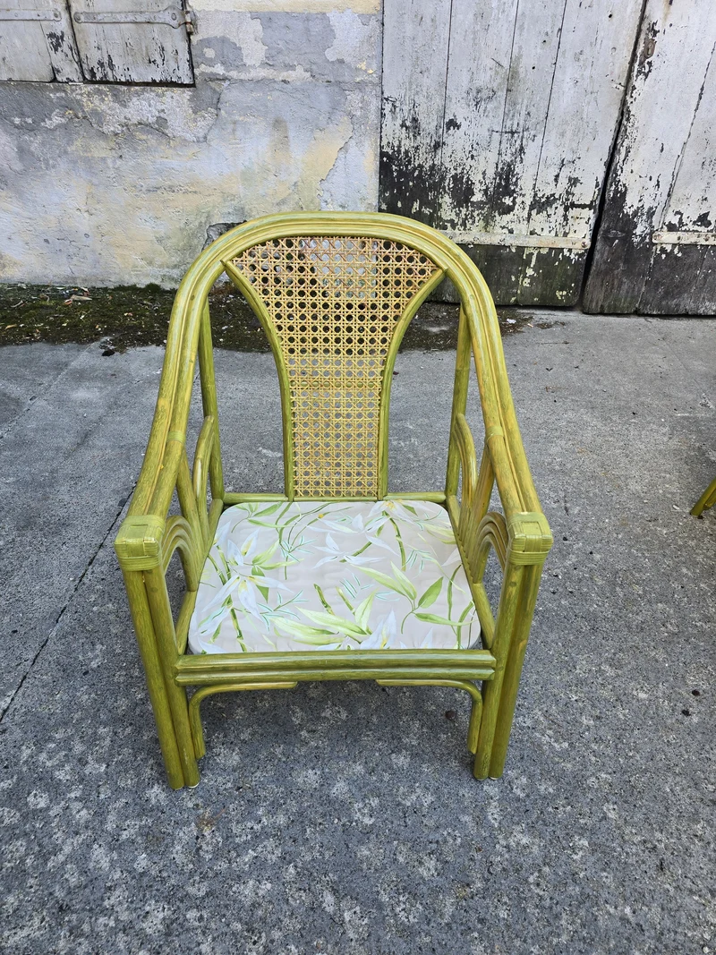 Salon en rotin haut de gamme – 2 fauteuils, pouf & table basse