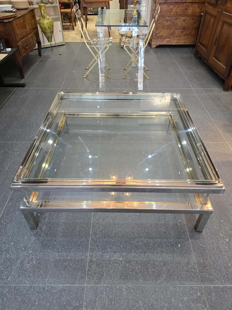 Table basse à plateau coulissant – Design 70 – Chrome & verre – 108 cm