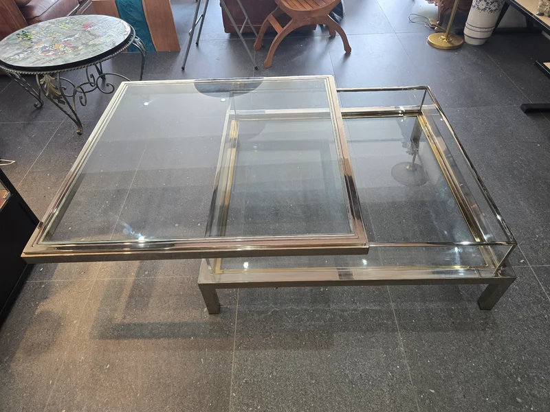 Table basse à plateau coulissant – Design 70 – Chrome & verre – 108 cm