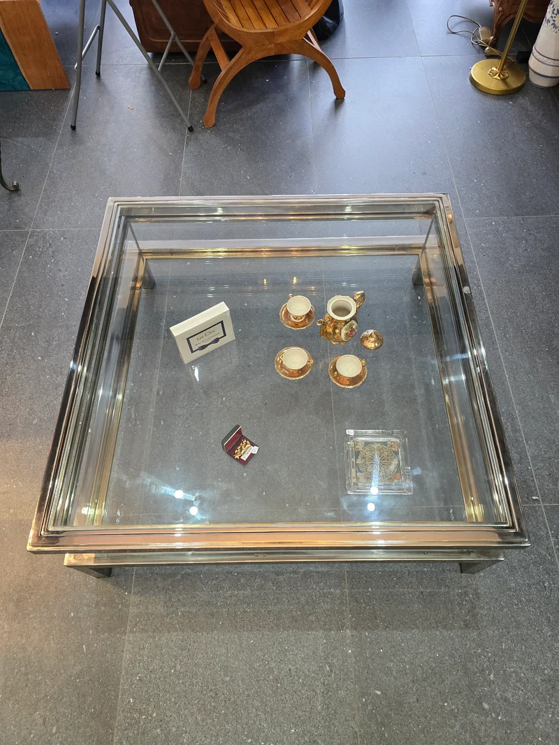 Table basse à plateau coulissant – Design 70 – Chrome & verre – 108 cm