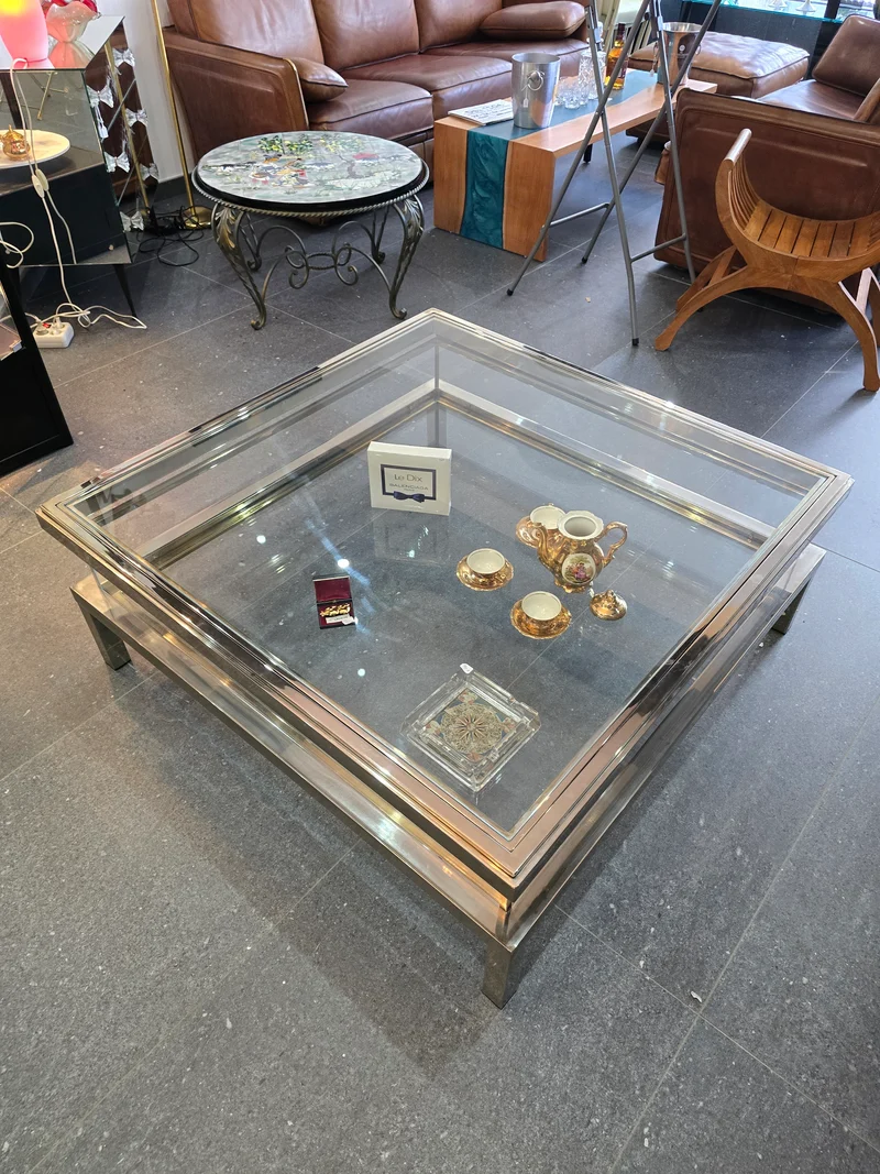 Table basse à plateau coulissant – Design 70 – Chrome & verre – 108 cm