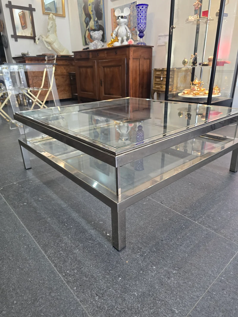 Table basse à plateau coulissant – Design 70 – Chrome & verre – 108 cm