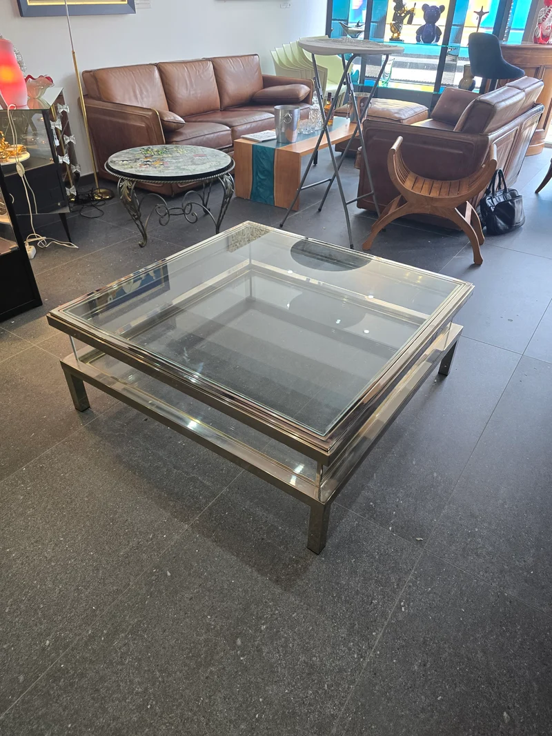 Table basse à plateau coulissant – Design 70 – Chrome & verre – 108 cm