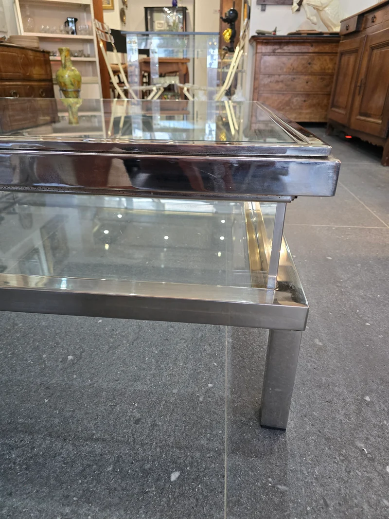 Table basse à plateau coulissant – Design 70 – Chrome & verre – 108 cm