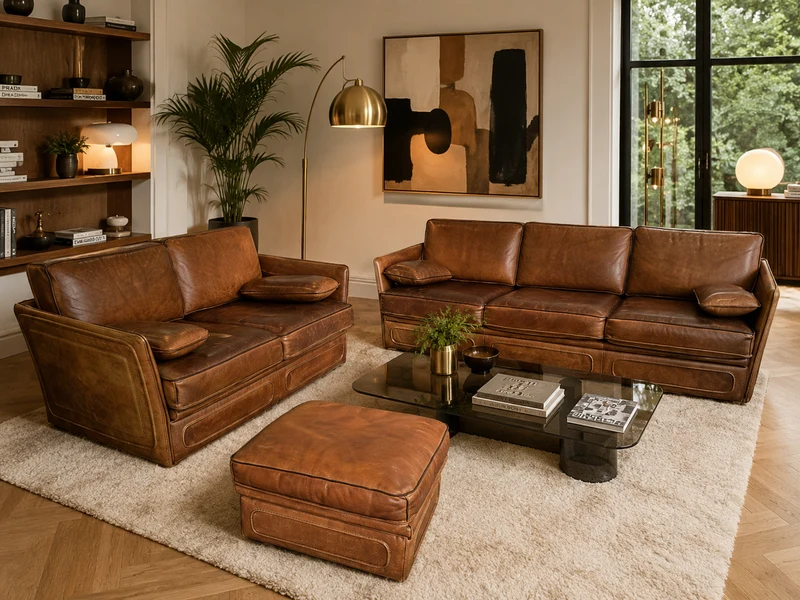 Salon Roche Bobois vintage années 80 – Cuir de buffle cognac – 2 canapés + pouf