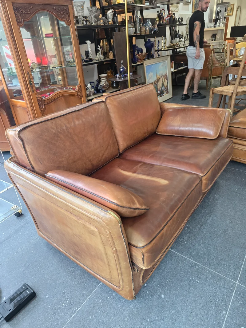 Salon Roche Bobois vintage années 80 – Cuir de buffle cognac – 2 canapés + pouf