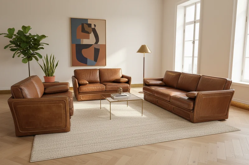 Salon Roche Bobois vintage années 80 – Cuir de buffle cognac – 2 canapés + pouf