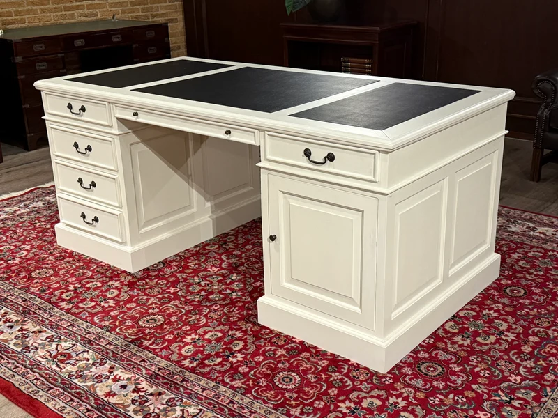 Vintage bureau, wit, klassiek Engels bureau, mahoniehout, zwart leer, 639