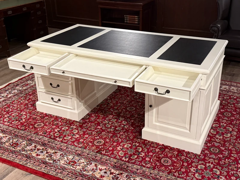 Vintage bureau, wit, klassiek Engels bureau, mahoniehout, zwart leer, 639