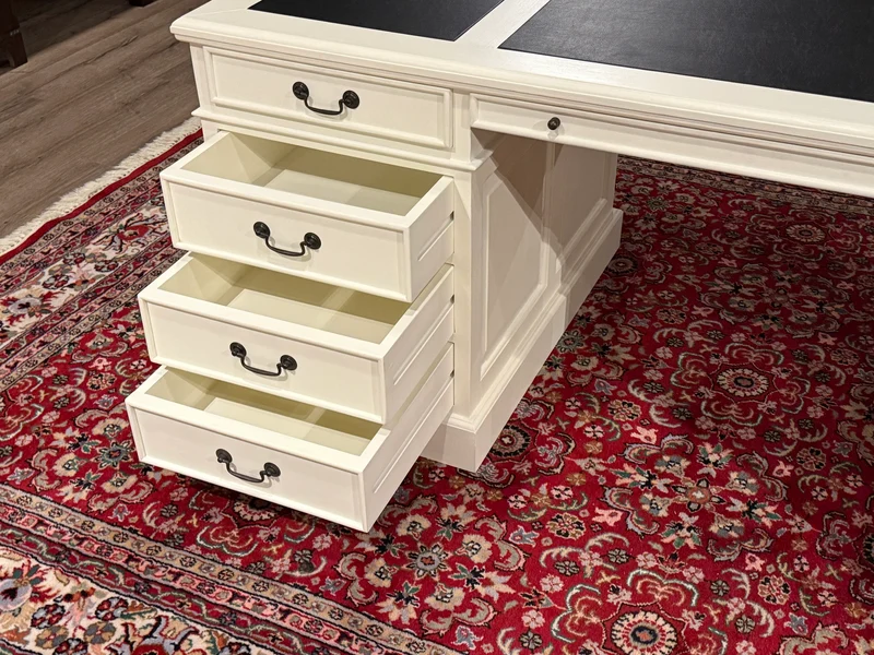 Vintage bureau, wit, klassiek Engels bureau, mahoniehout, zwart leer, 639