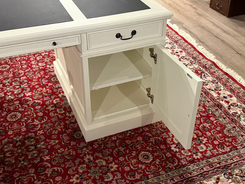 Vintage bureau, wit, klassiek Engels bureau, mahoniehout, zwart leer, 639