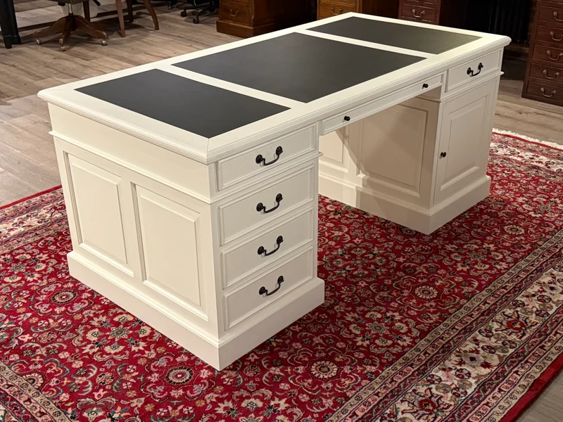 Vintage bureau, wit, klassiek Engels bureau, mahoniehout, zwart leer, 639