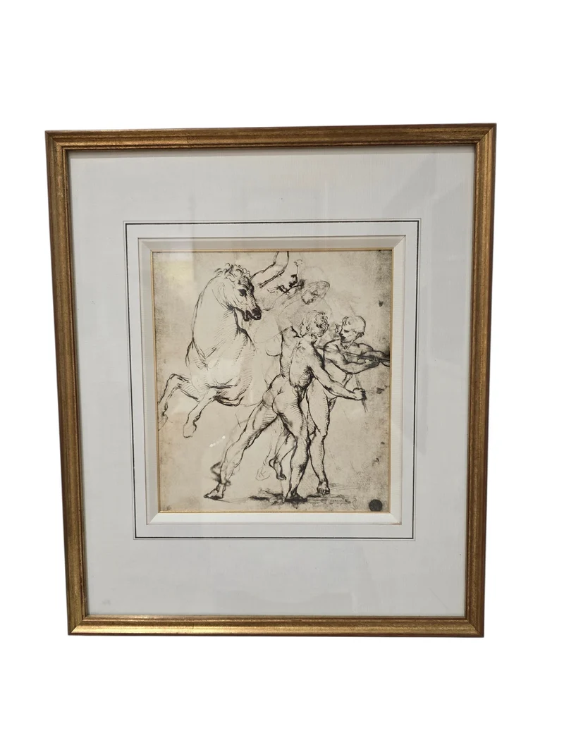 Dessin encadré d’après maître ancien – Étude de chevaux et figures masculines