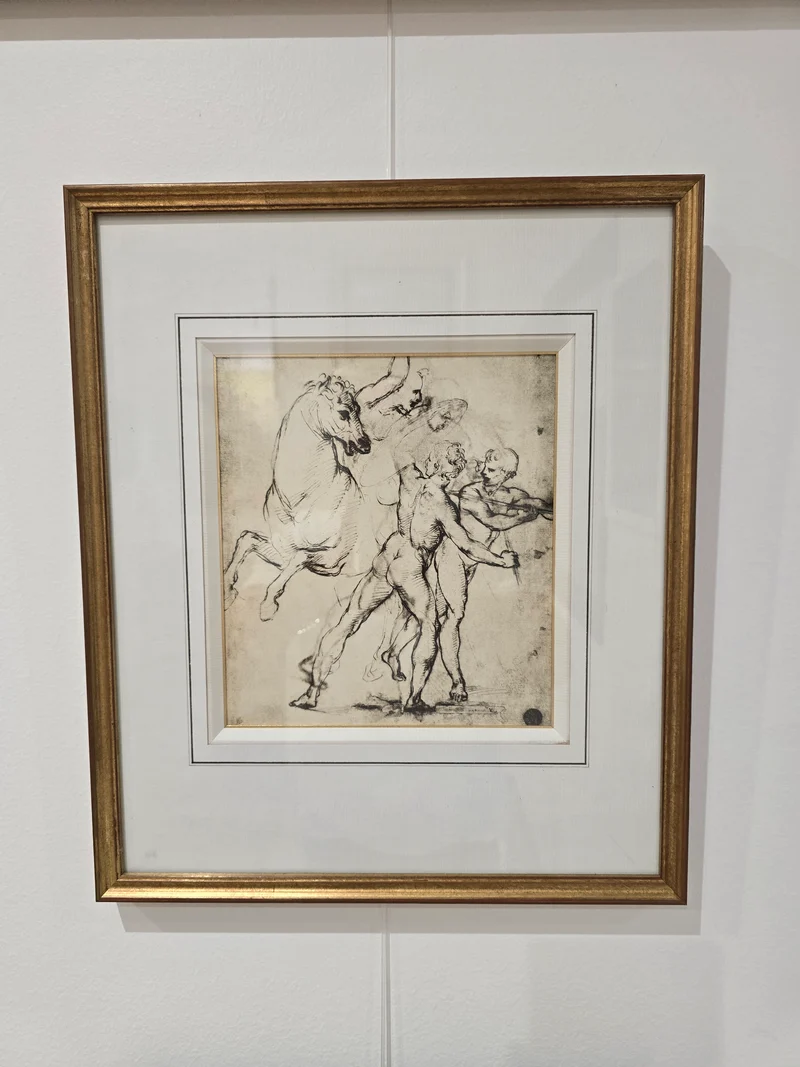 Dessin encadré d’après maître ancien – Étude de chevaux et figures masculines
