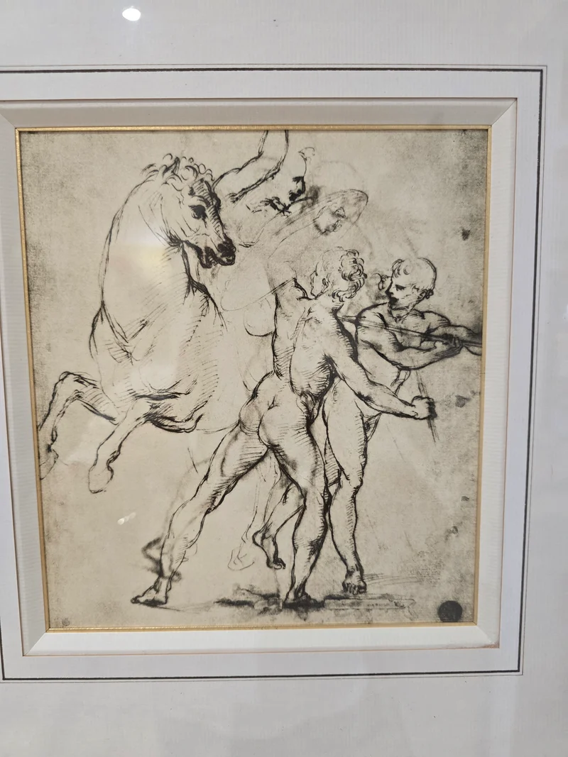 Dessin encadré d’après maître ancien – Étude de chevaux et figures masculines