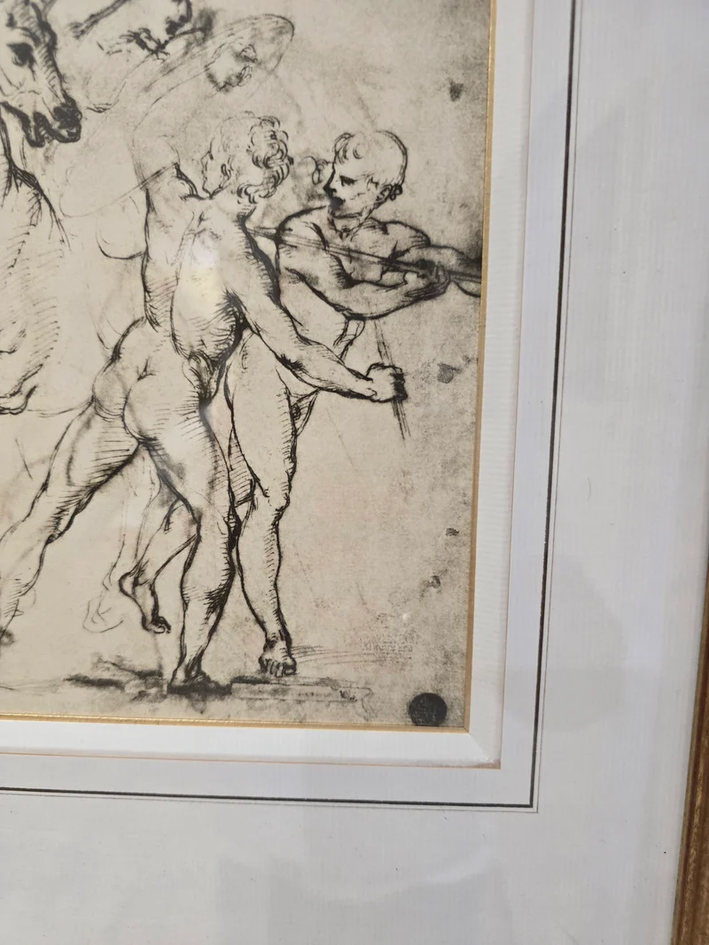 Dessin encadré d’après maître ancien – Étude de chevaux et figures masculines