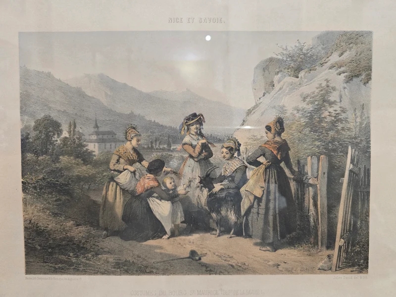 Lithographie encadrée – Nice et Savoie, Costumes du Bourg Saint-Maurice et des environs de Thonon