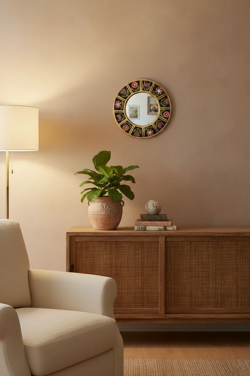 Mithé Espelt - miroir en céramique émaillée. Décor floral, années 1960