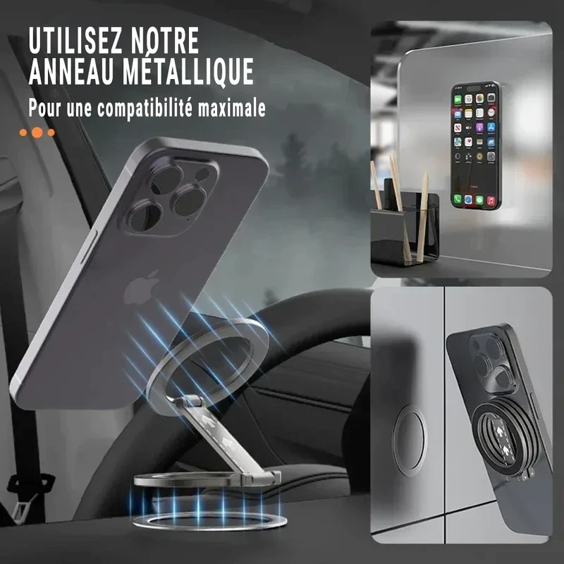 Support Téléphone Magnétique Double Face MagSafe – Anneau Béquille 360° pour iPhone 16 15 14, Huawei, Xiaomi