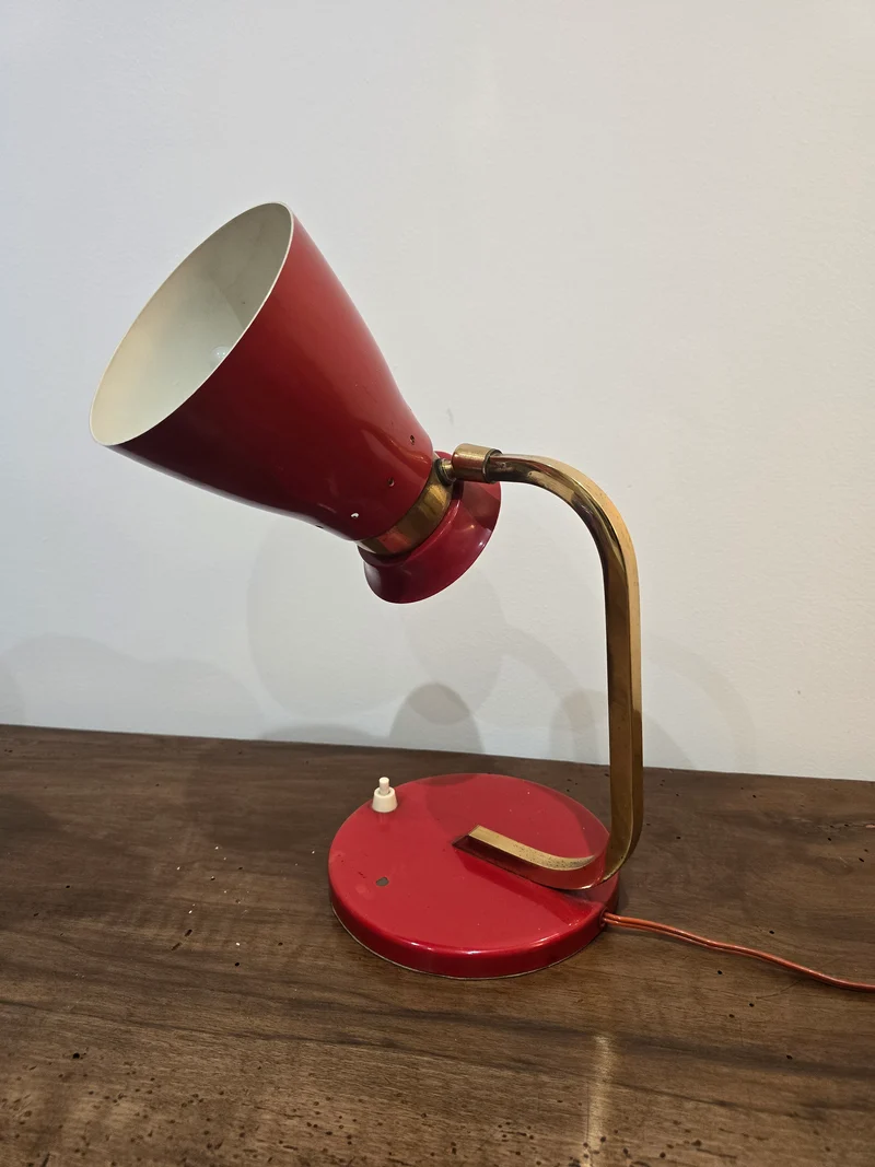 Lampe de bureau vintage style diabolo, rouge et laiton – années 50/60