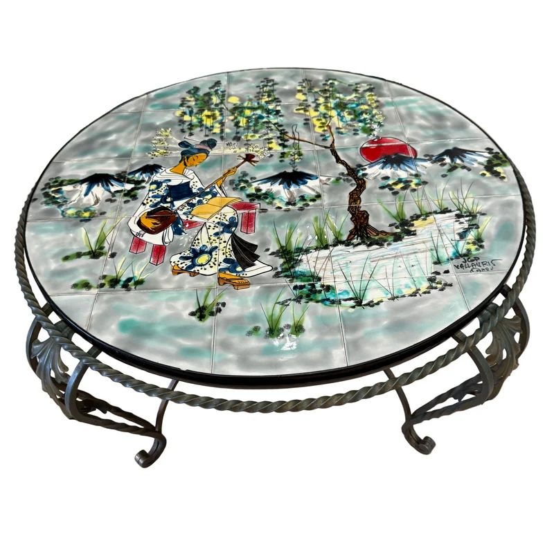 Table basse vintage J&G Picard Vallauris – Plateau en céramique émaillée décor japonisant