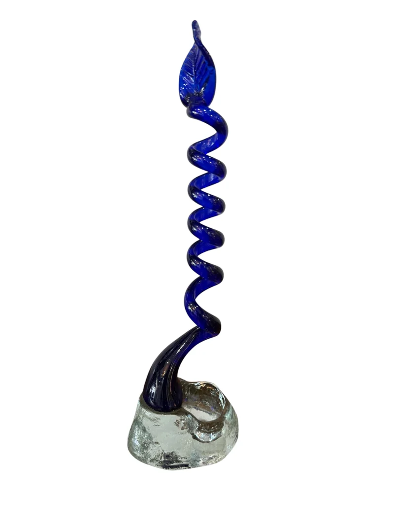 Sculpture / Soliflore en verre soufflé bleu cobalt signé – Travail artistique vintage – H. 32 cm