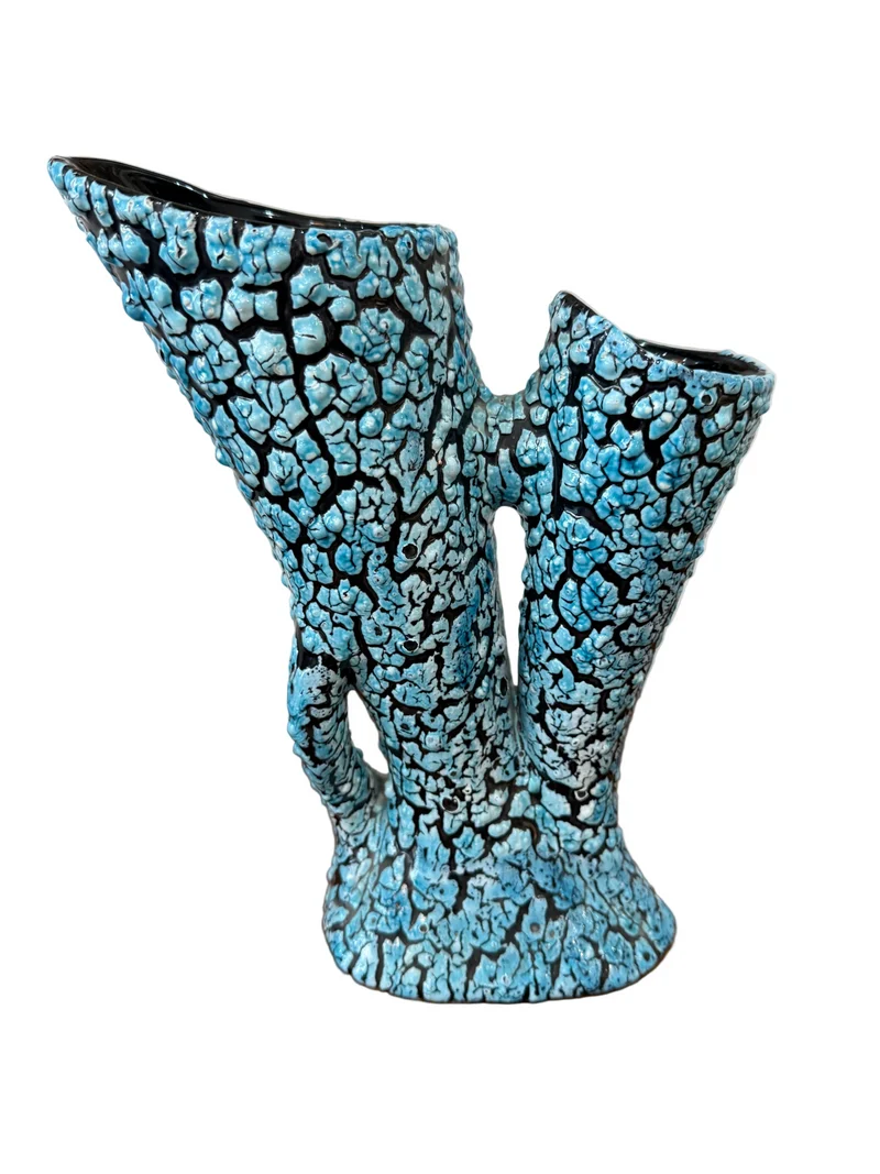 Grand vase sculptural céramique émaillée texturée bleu turquoise et noir – Double cornet – H. 31 cm