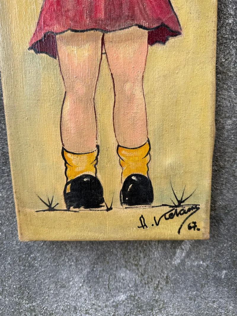 Paire de tableaux vintage naïfs signés (1967) – Enfant à la baguette & fillette en robe rouge – 60 x 20 cm