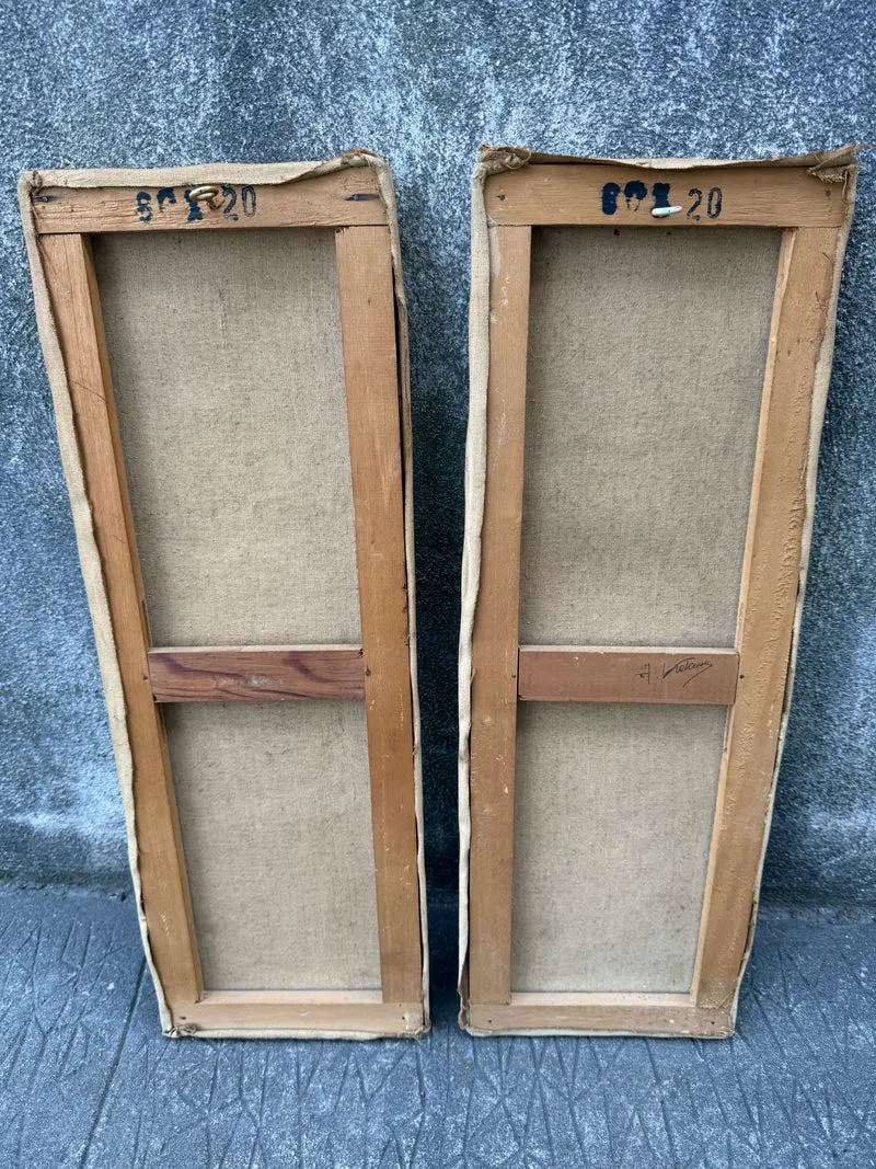 Paire de tableaux vintage naïfs signés (1967) – Enfant à la baguette & fillette en robe rouge – 60 x 20 cm