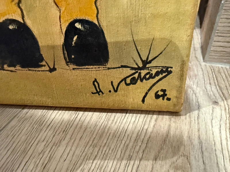 Paire de tableaux vintage naïfs signés (1967) – Enfant à la baguette & fillette en robe rouge – 60 x 20 cm