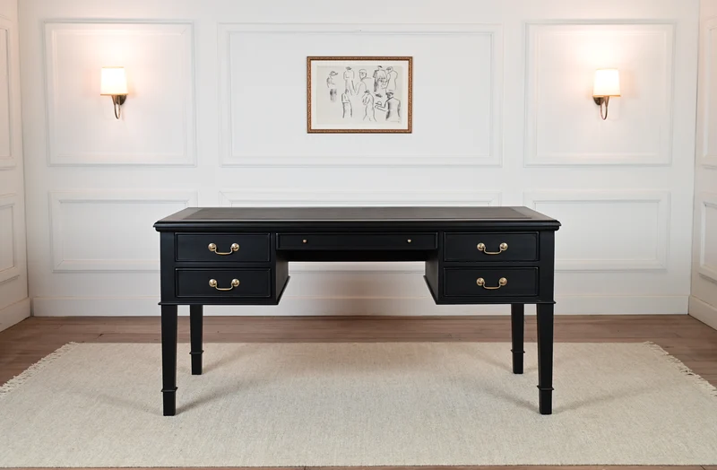 York Grande 160x80 - klassieke Engelse schrijftafel - zwart - Gouden grepen - mahoniehout