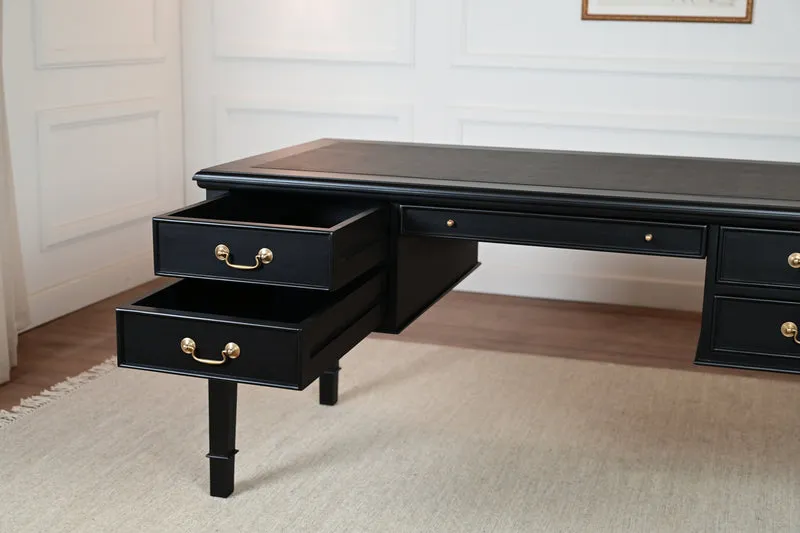 York Grande 160x80 - klassieke Engelse schrijftafel - zwart - Gouden grepen - mahoniehout