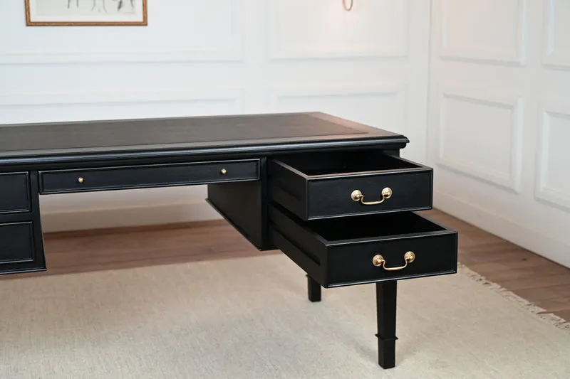 York Grande 160x80 - klassieke Engelse schrijftafel - zwart - Gouden grepen - mahoniehout