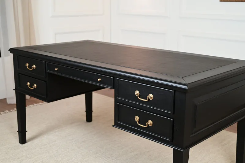 York Grande 160x80 - klassieke Engelse schrijftafel - zwart - Gouden grepen - mahoniehout