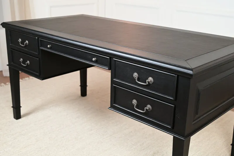 York Grande 160x80 - klassieke Engelse schrijftafel - zwart - Messing grepen - mahoniehout