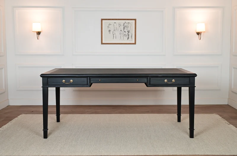 York 185x95 - klassieke Engelse schrijftafel - zwart - Gouden grepen - mahoniehout