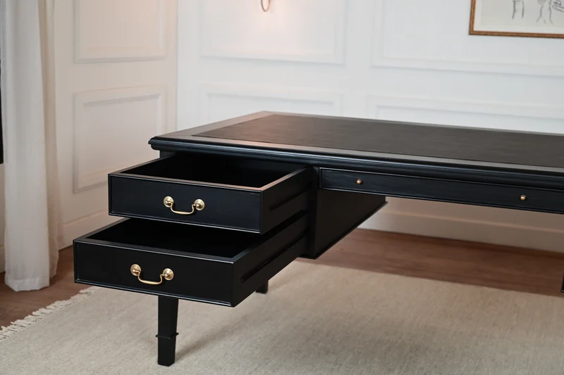 York Grande 185x95 - klassieke Engelse schrijftafel - zwart- Gouden grepen - mahoniehout
