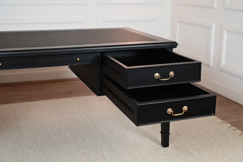 York Grande 185x95 - klassieke Engelse schrijftafel - zwart- Gouden grepen - mahoniehout