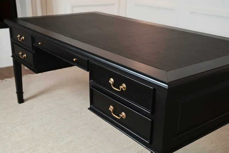 York Grande 185x95 - klassieke Engelse schrijftafel - zwart- Gouden grepen - mahoniehout