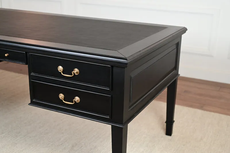 York Grande 185x95 - klassieke Engelse schrijftafel - zwart- Gouden grepen - mahoniehout