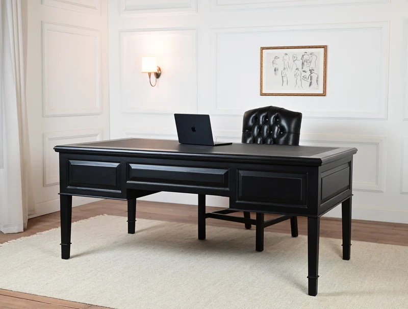 York Grande 185x95 - klassieke Engelse schrijftafel - Zwart - Messing grepen