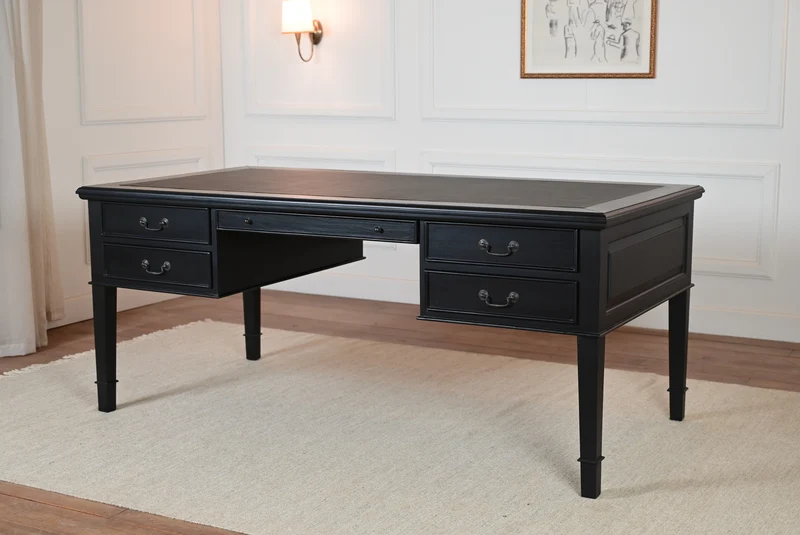 York Grande 185x95 - klassieke Engelse schrijftafel - Zwart - Messing grepen